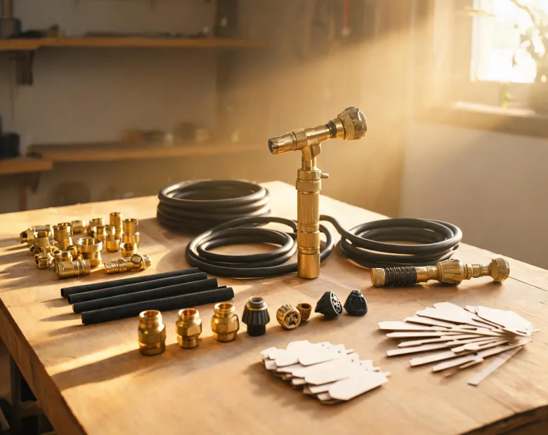 Garden watering tools arranged in a workshop