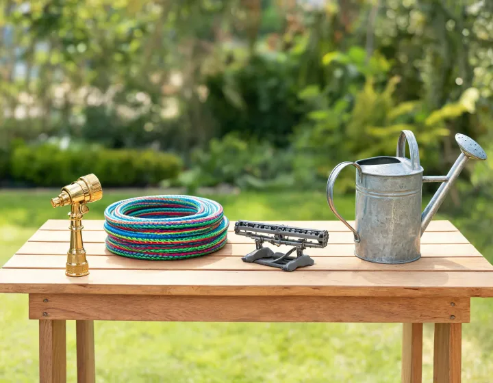 Dramm watering collection arranged by hose nozzle sprinkler and watering can