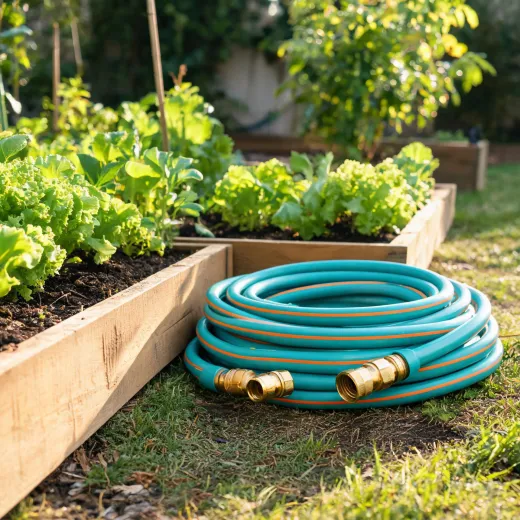 Colorful premium garden hose coiled near raised beds
