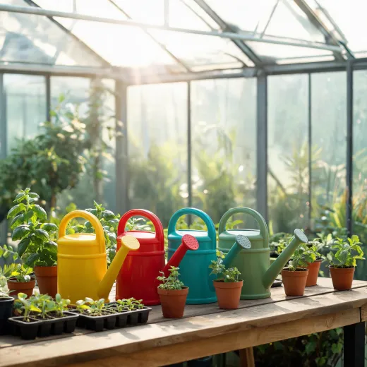 Watering cans on greenhouse bench