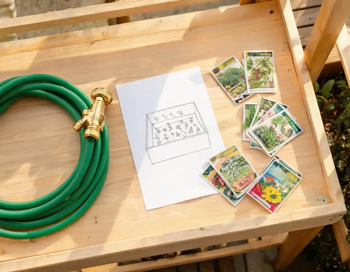 Garden watering plan with hose and nozzle layout